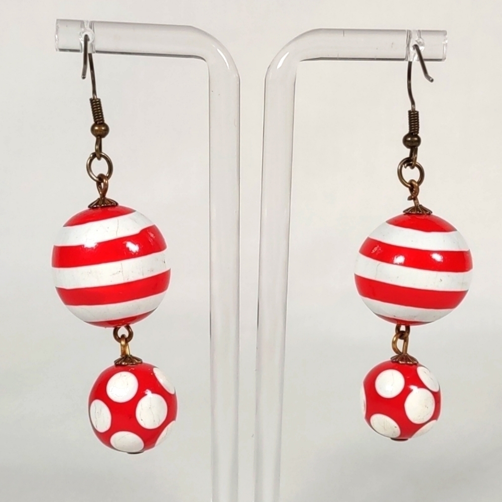 Handmade Red and White Wood Bead Fishhook Post Earrings - Picture 4 of 7